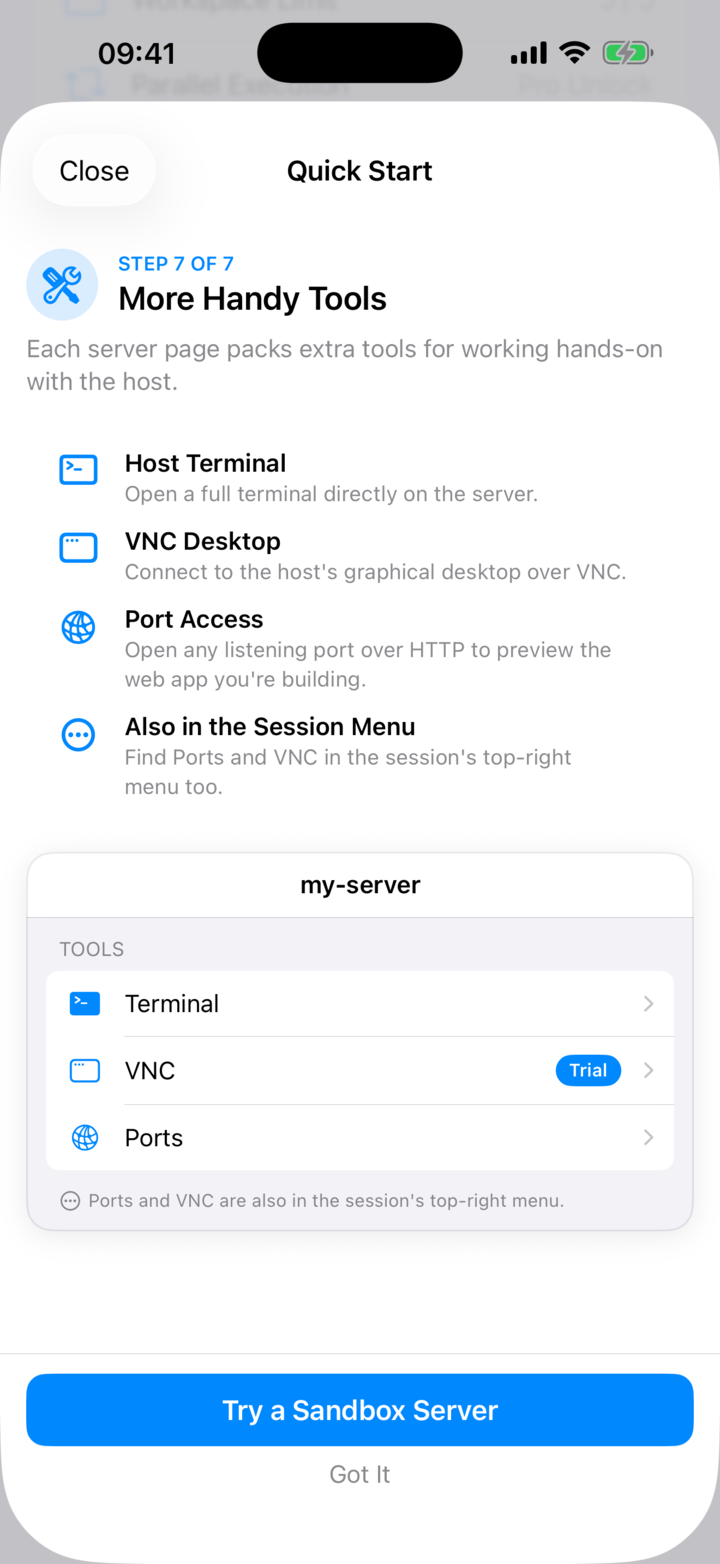 The last page of the Quick Start guide with the Try a Sandbox Server button