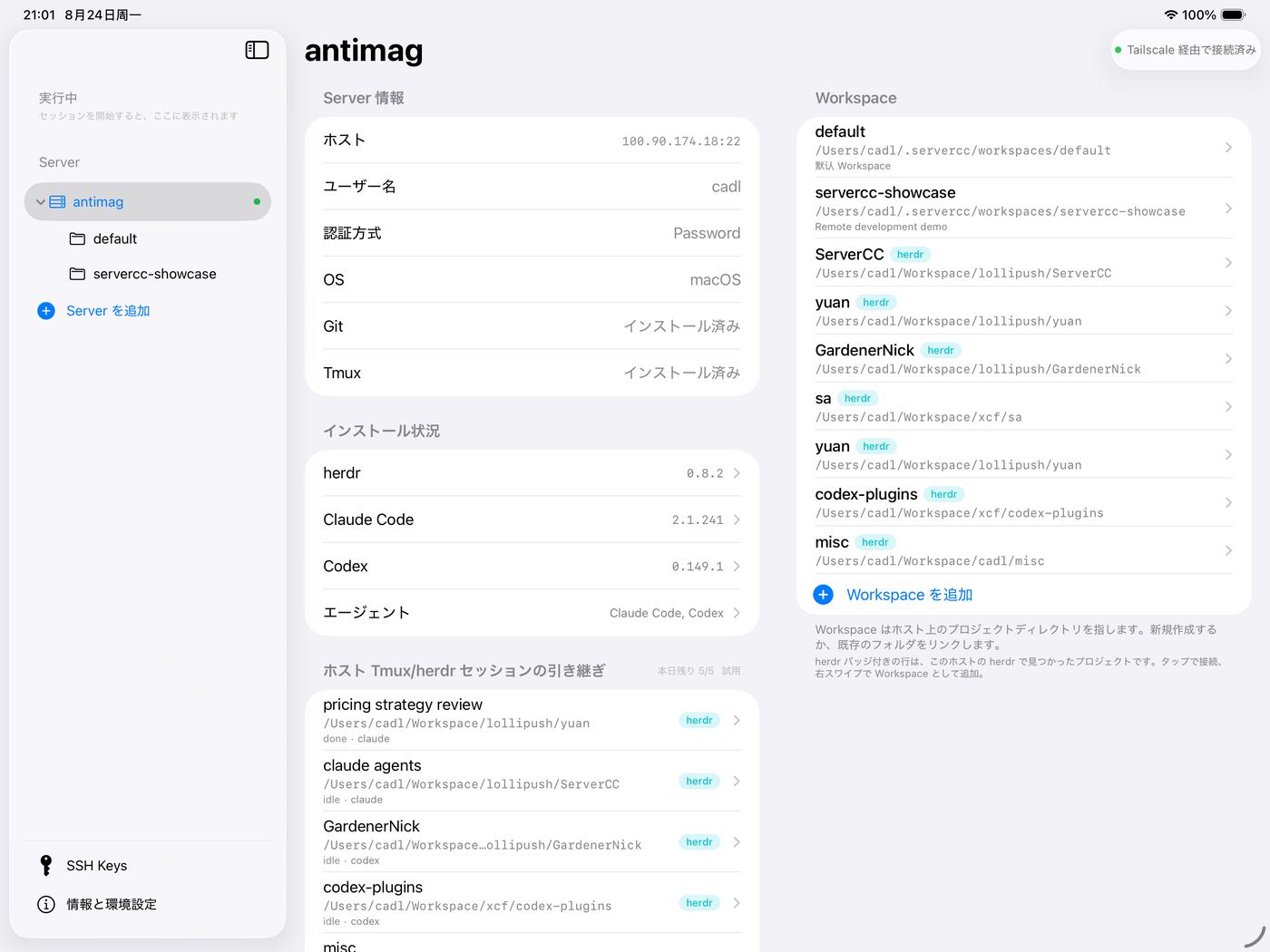 iPad のサーバーページ：インストール状況の herdr 0.8、引き継ぎセクションの状態バッジ付きエージェントセッション、herdr バッジ付きワークスペース