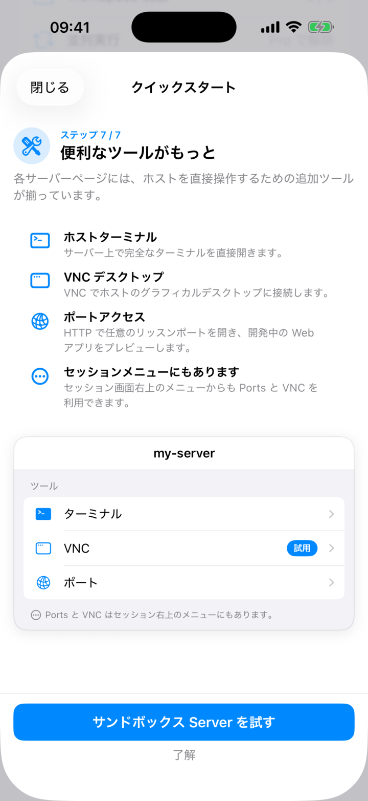 クイックスタートガイド最終ページの「サンドボックスサーバーを試す」ボタン