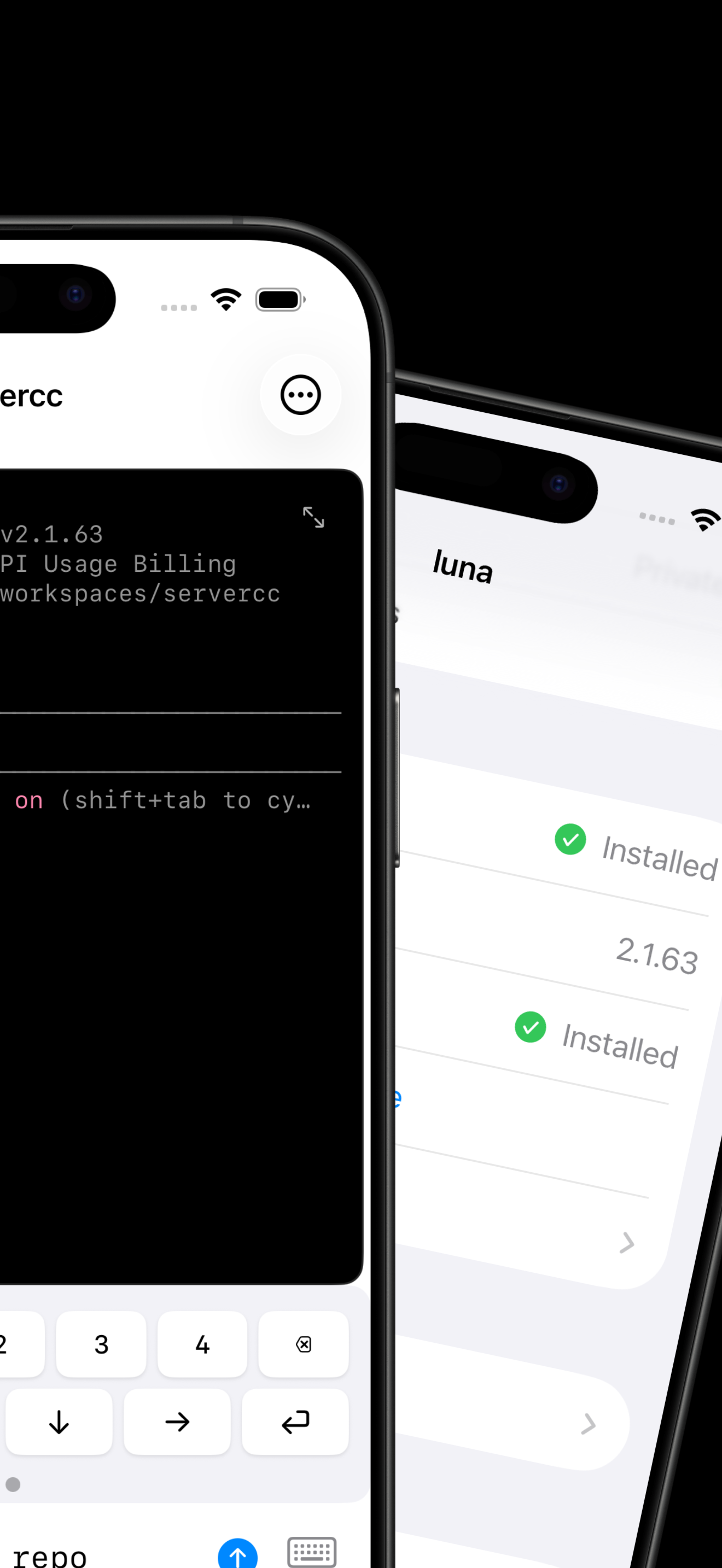 Two iPhones side by side showing ServerCC: the Claude Code terminal with API usage info and a server detail page with Claude Code installed status