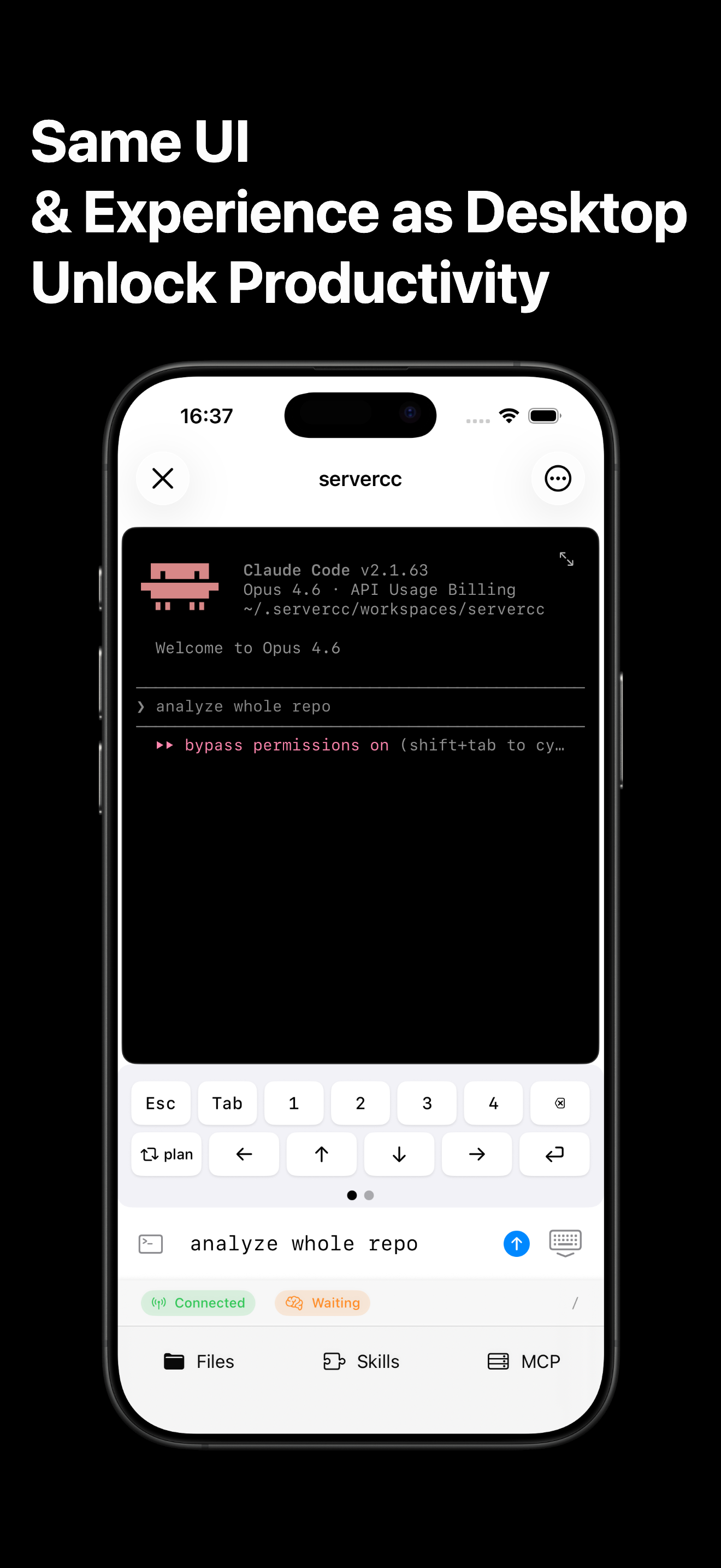 ServerCC full-screen Claude Code terminal session on iPhone with desktop-class UI, prompt input, and Files / Skills / MCP tabs at the bottom