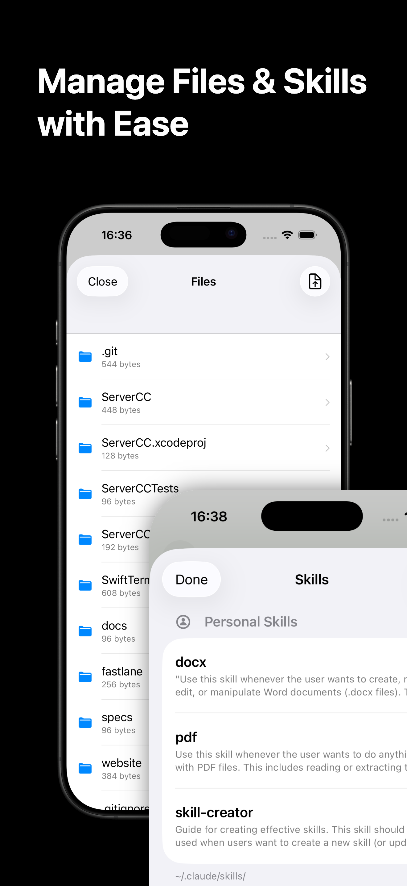 ServerCC SFTP file browser and Claude Skills manager on iPhone, browsing a project repository and installed Claude skills list