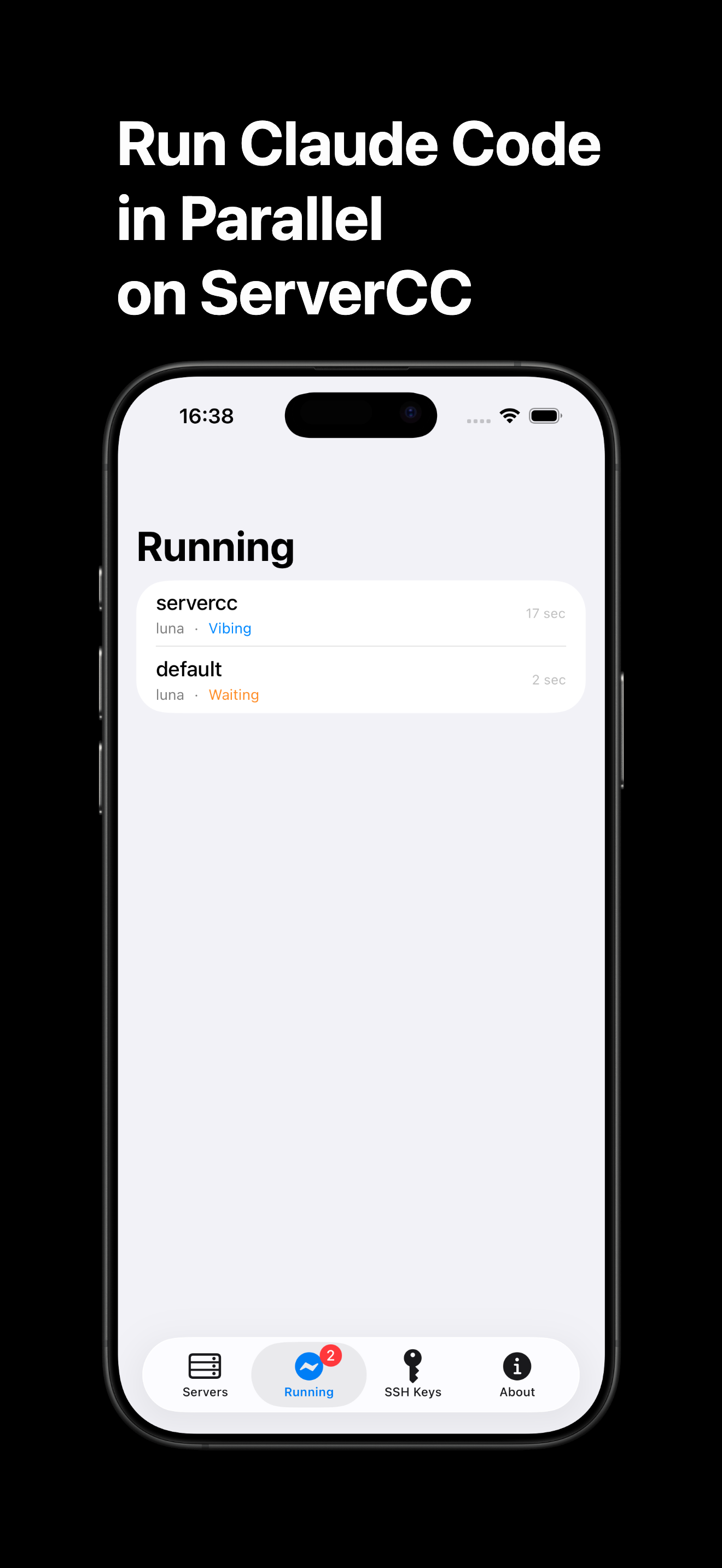 ServerCC Running tab on iPhone showing two Claude Code sessions executing in parallel on different workspaces