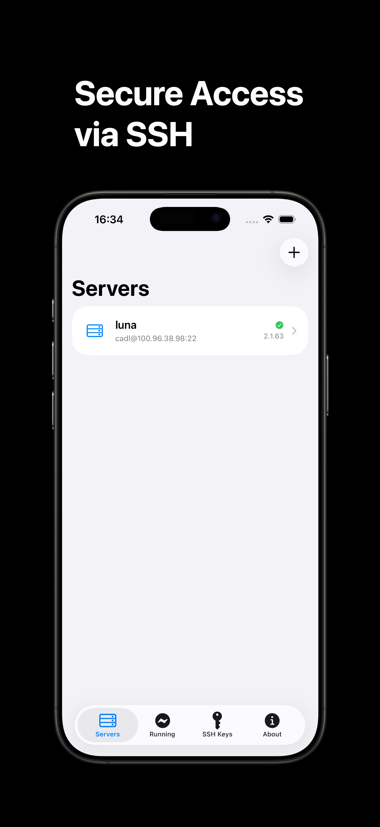 ServerCC Servers list on iPhone: a host connected over SSH with a green status check and the installed Claude Code version