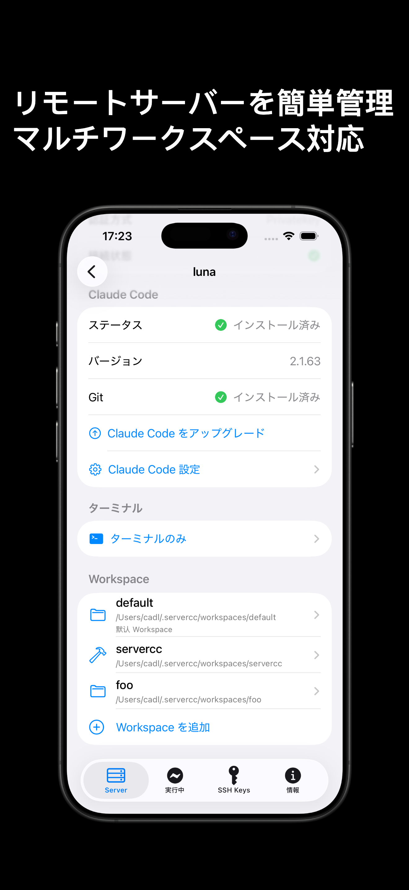 ServerCC iPhone のサーバー詳細：Claude Code のインストール状態、バージョン、ピュアターミナルへの入口、複数ワークスペース一覧