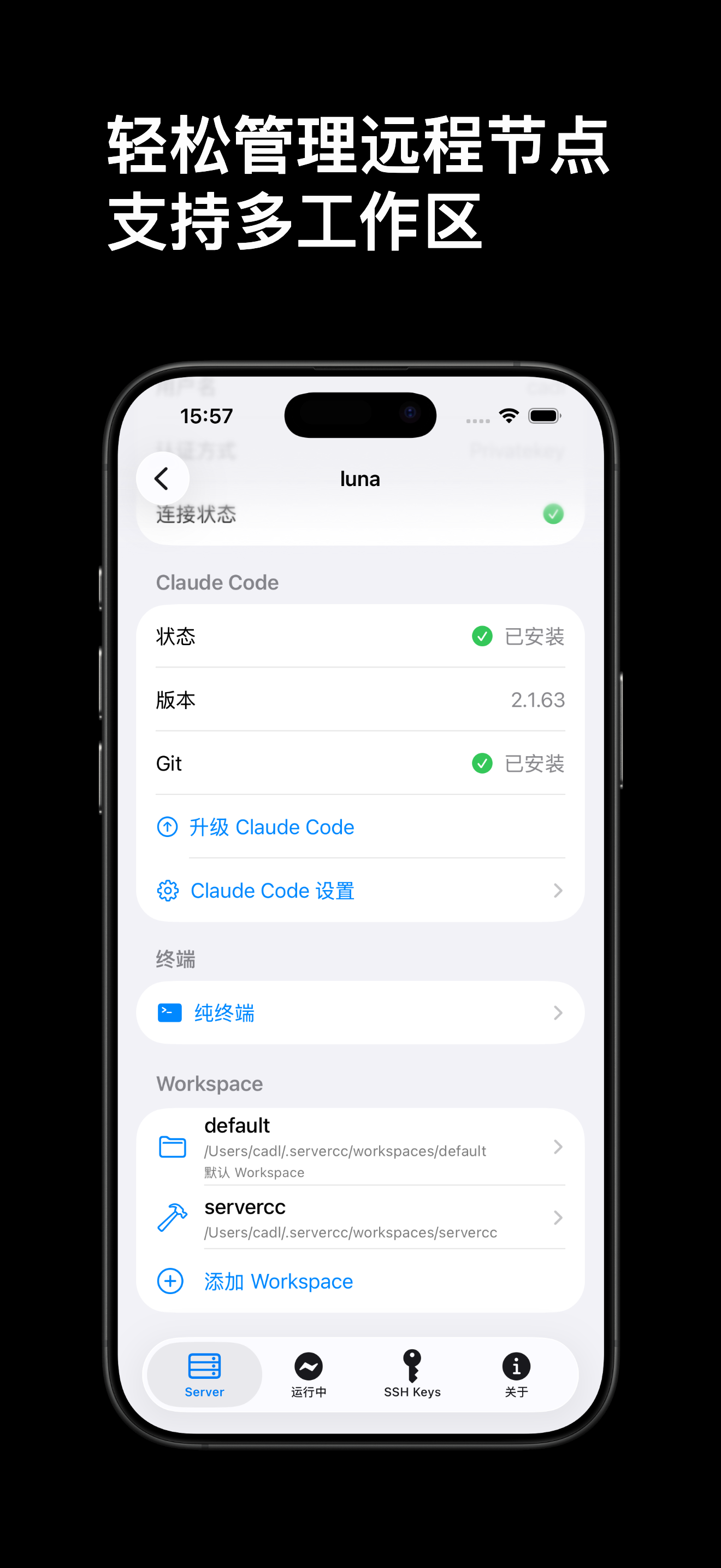 ServerCC iPhone 服务器详情：Claude Code 安装状态、版本、纯终端入口与多工作区列表